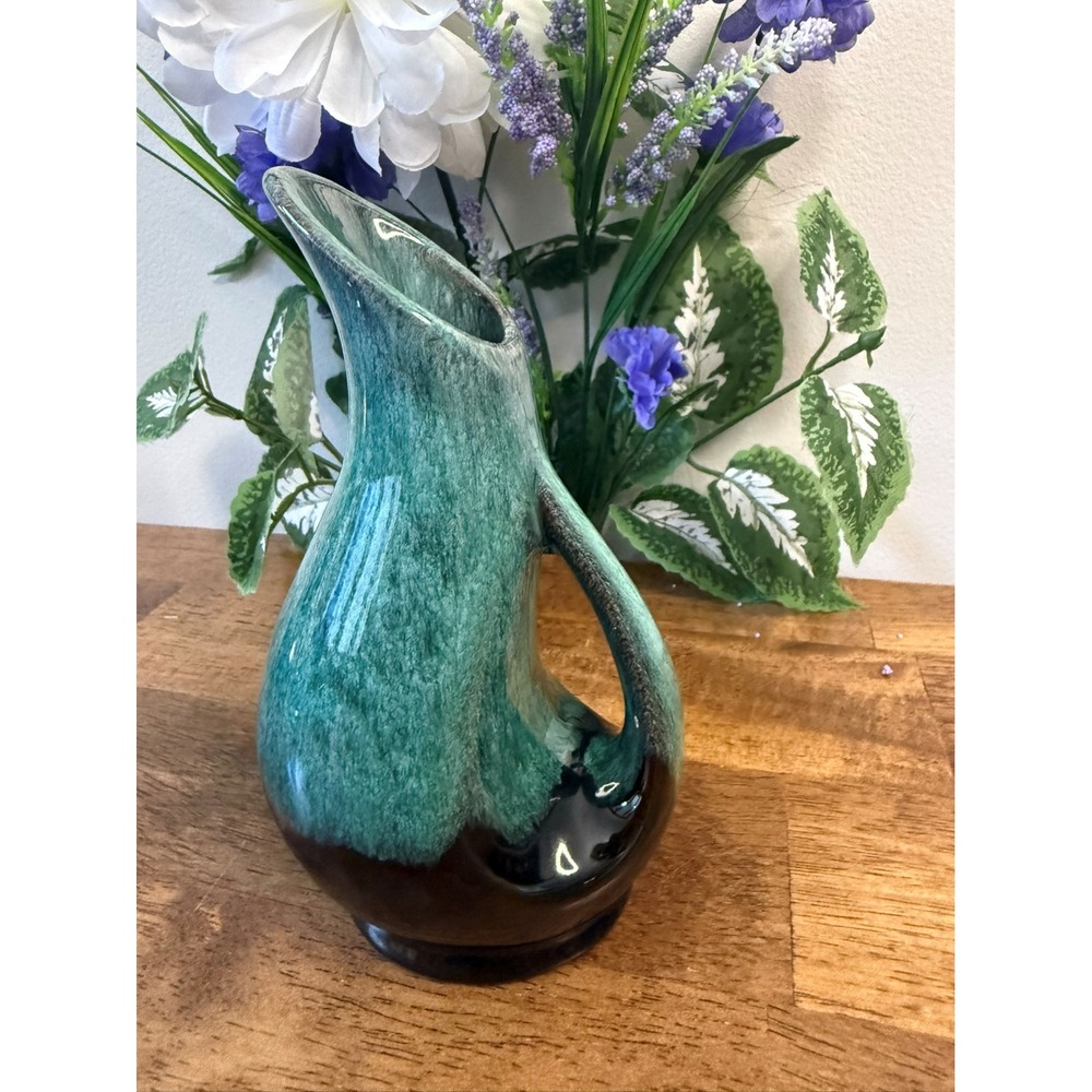 Vintage Evangeline‎ Pottery Pitcher Canadian Drip Glaze Green Brown MCM Decor